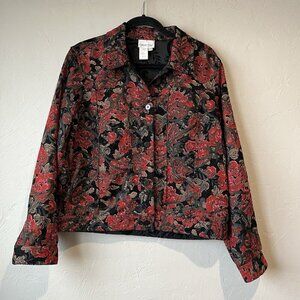 Coldwater Creek Red Embroidered‎ Floral Corduroy Jacket Medium Holiday Gold Boho